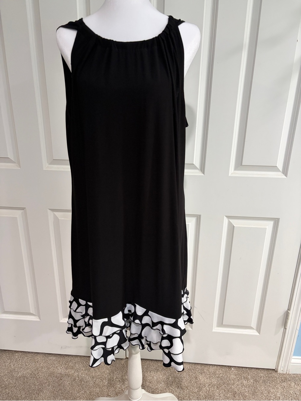 R & M Richards Black Sleeveless Midi Dress with White Graphic Ruffle Hem